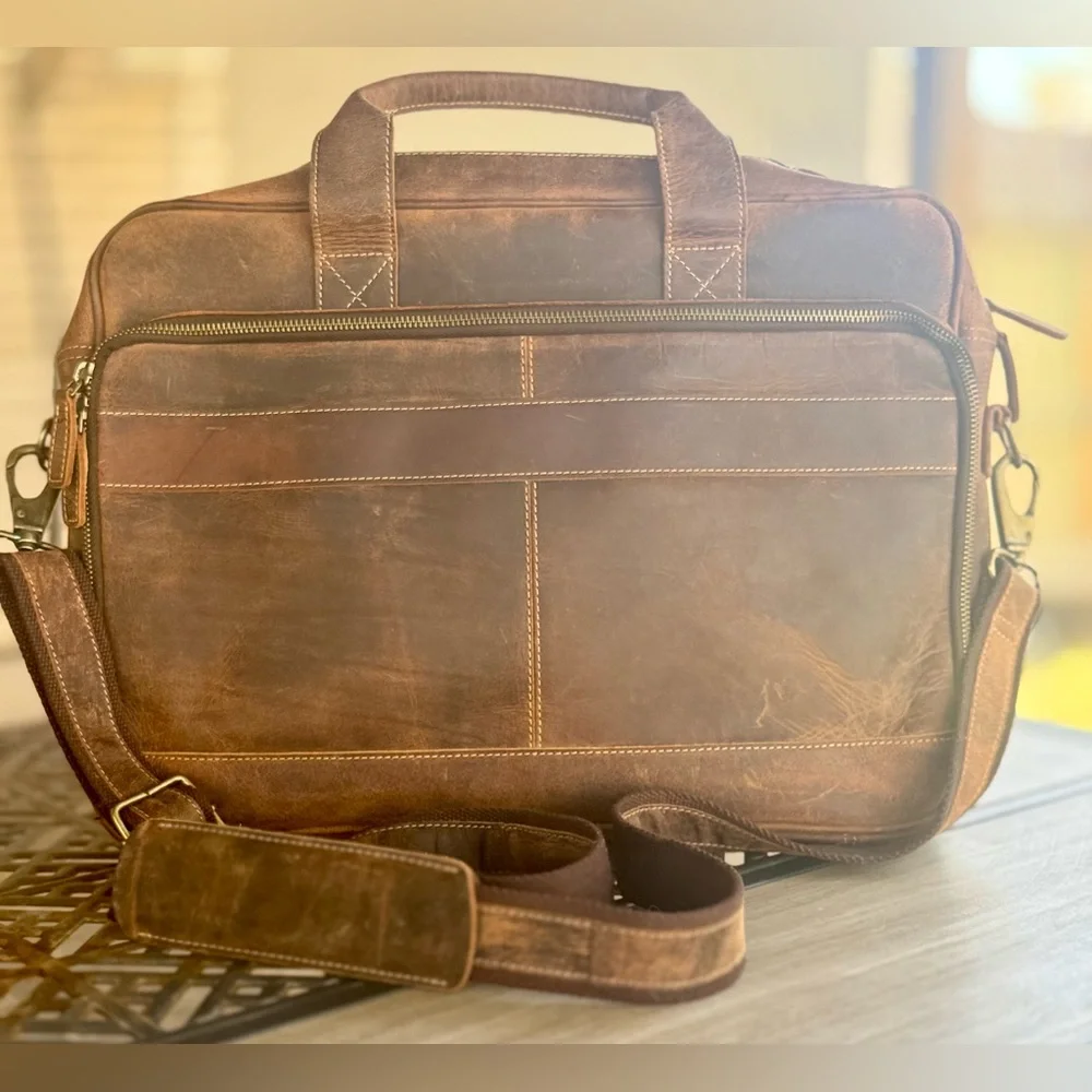 KomalC Leather Messenger Bag 18” Brown Distressed Laptop Bag Briefcase